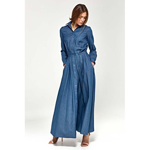 Granatowa sukienka Nife jeansowa maxi biznesowa koszulowa 