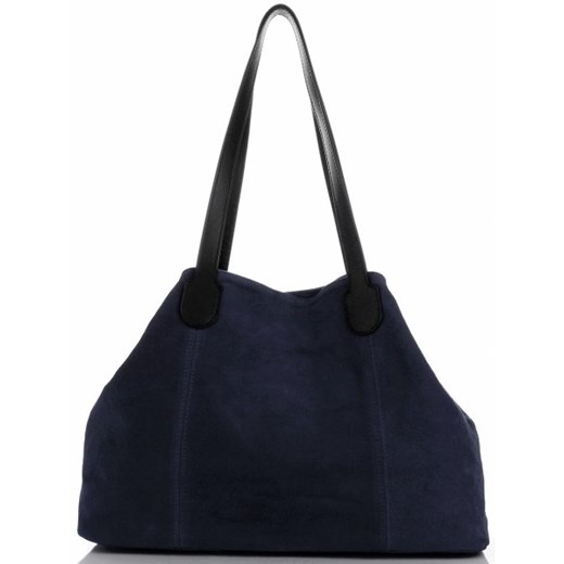 Shopper bag Vittoria Gotti duża na ramię niebieska ze skóry zamszowa 