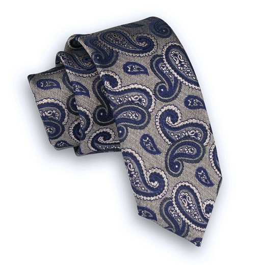 Beżowy, Jasnobrązowy Elegancki Krawat Męski -ALTIES- 6 cm, w Granatowy Wzór Paisley KRALTS0291  Alties  JegoSzafa.pl