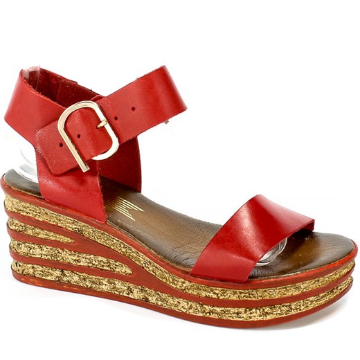 Sandały damskie Lemar na średnim obcasie czerwone skórzane casual bez wzorów 