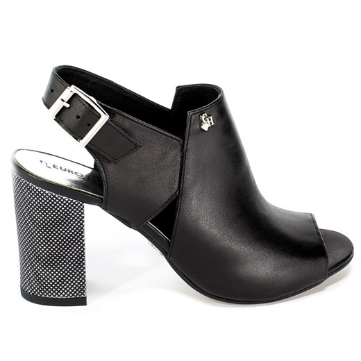 Sandały damskie Euro Moda skórzane czarne bez wzorów na średnim obcasie z klamrą 