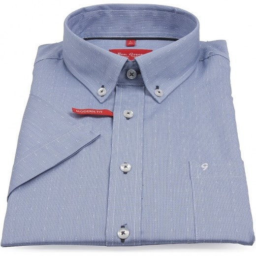 Non Iron - błękitna koszula bawełniana z delikatnym wzorem z krótkim rękawem Modern Fit  Ben Green 42 mensklep