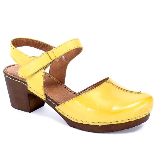 Żółte sandały damskie Manitu bez wzorów na obcasie na średnim casualowe na rzepy z tworzywa sztucznego 