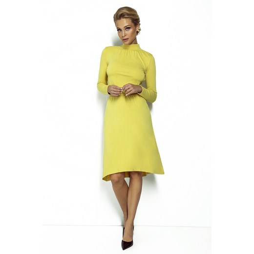 Żółta sukienka Fobya z golfem rozkloszowana midi bez wzorów z elastanu 