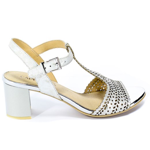 Sandały damskie Caprice srebrne skórzane gładkie na obcasie casual na średnim 