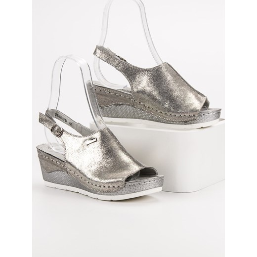 Sandały damskie srebrne CzasNaButy ze skóry na średnim obcasie na koturnie z klamrą eleganckie 