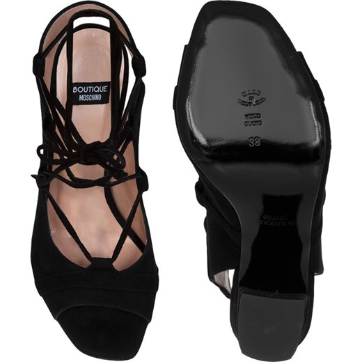 Sandały damskie Boutique Moschino bez wzorów czarne na słupku eleganckie na wysokim obcasie skórzane 