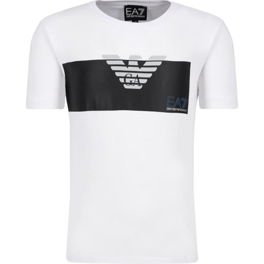 Biały t-shirt chłopięce Emporio Armani z krótkimi rękawami w nadruki 