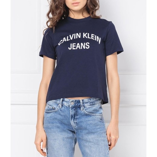 Bluzka damska Calvin Klein niebieska w stylu młodzieżowym z krótkim rękawem 