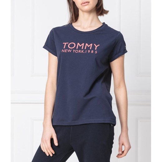 Bluzka damska Tommy Hilfiger na jesień z krótkimi rękawami niebieska młodzieżowa z napisem 
