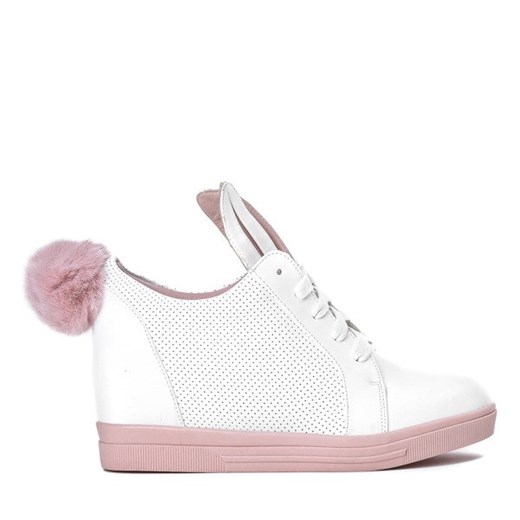 Białe sneakersy z różową podeszwą na koturnie z uszami i pomponem Carry - Obuwie
