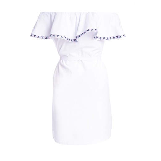 Sukienka biała Born2be mini casual z dekoltem typu hiszpanka z aplikacjami  z krótkimi rękawami 