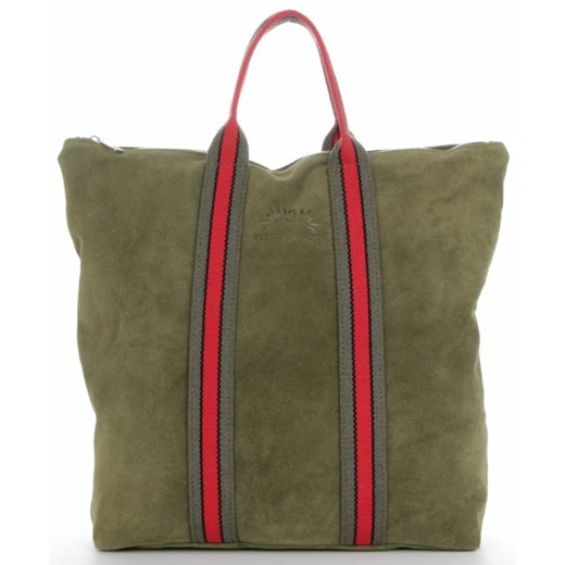 Zielona shopper bag Vittoria Gotti mieszcząca a8 do ręki z kolorowym paskiem skórzana 