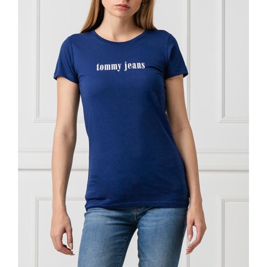 Bluzka damska Tommy Jeans niebieska młodzieżowa z napisami z okrągłym dekoltem 