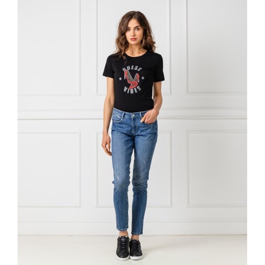 Bluzka damska Guess Jeans czarna młodzieżowa z okrągłym dekoltem 