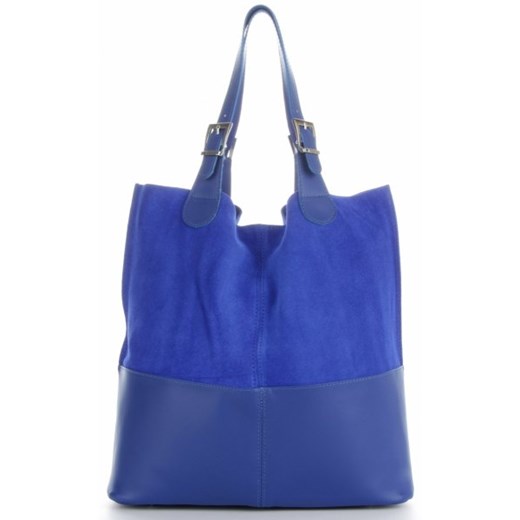 Shopper bag Genuine Leather duża niebieska bez dodatków z zamszu wakacyjna 