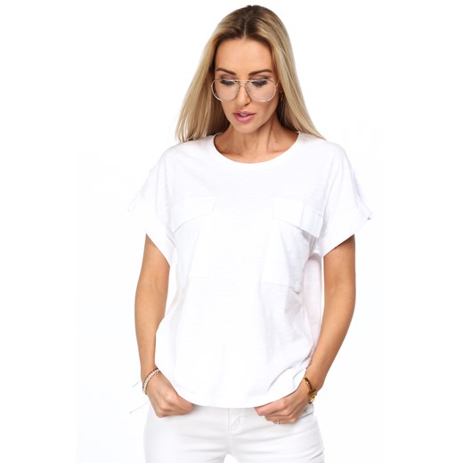 Biały t-shirt z kieszeniami na przodzie MP13711 fasardi  S fasardi.com