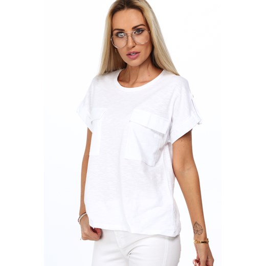 Biały t-shirt z kieszeniami na przodzie MP13711 fasardi  S fasardi.com