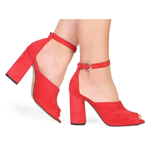 Sandały damskie Brilu na słupku eleganckie z klamrą gładkie czerwone ze skóry ekologicznej 