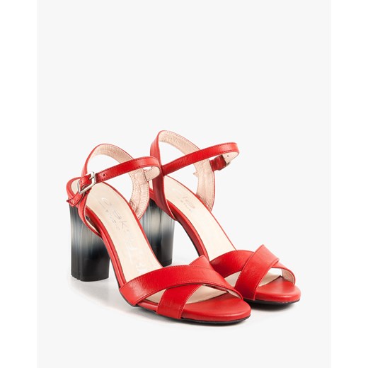 Oleksy sandały damskie czerwone na obcasie bez wzorów ze skóry z klamrą eleganckie 