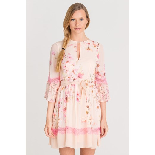 Twinset sukienka mini casual z tkaniny różowa w kwiaty z długimi rękawami 