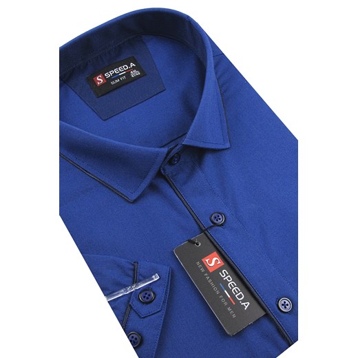 Koszula męska niebieska Speed.A tkaninowa z krótkim rękawem z klasycznym kołnierzykiem 
