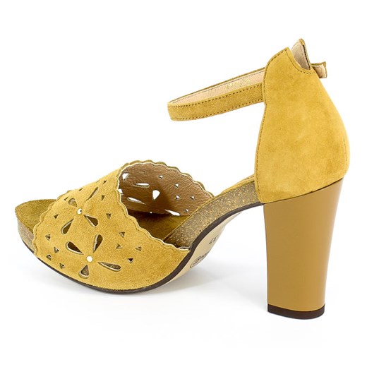 Sandały damskie żółte Euro Moda skórzane z klamrą eleganckie na obcasie 