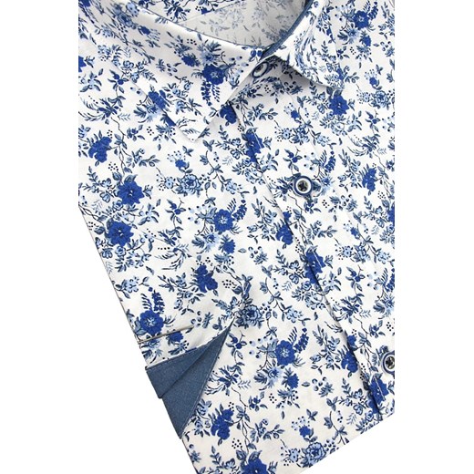 Duża Koszula Męska Sefiro biała w niebieskie kwiatki na krótki rękaw Duże rozmiary K895  Sefiro 50/51 swiat-koszul.pl