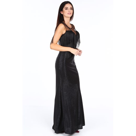 Długa suknia wieczorowa z frędzlami na dekolcie czarna G5133 fasardi  XL fasardi.com