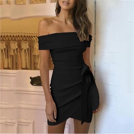 Sukienka czarna z poliestru z odkrytymi ramionami 
