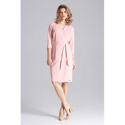 Sukienka elegancka z długimi rękawami różowa bez wzorów na spotkanie biznesowe midi poliestrowa 