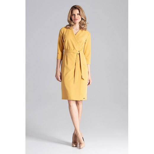 Sukienka żółta midi na spotkanie biznesowe z długim rękawem 