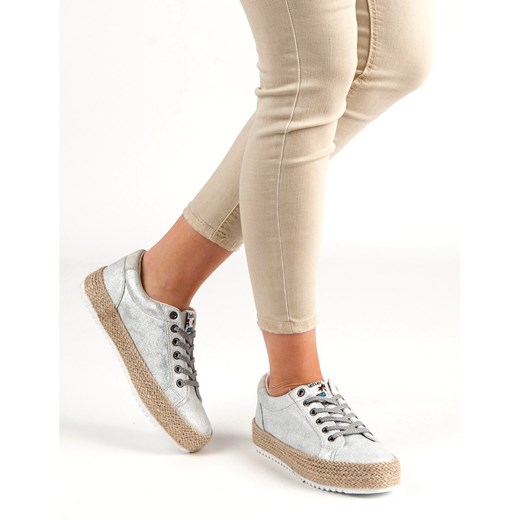 Espadryle damskie Buty Betler bez wzorów szare wiązane płaskie