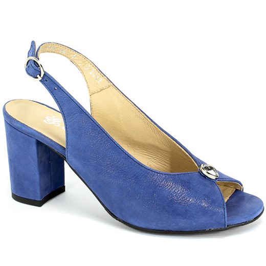 Sandały damskie niebieskie Grodecki z klamrą skórzane z aplikacją na obcasie 