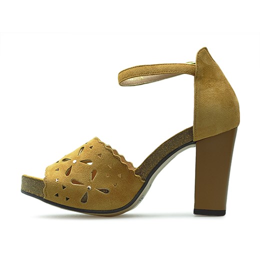 Sandały damskie Libero na lato eleganckie żółte z klamrą na średnim obcasie 