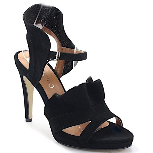 Czarne sandały damskie Tymoteo z klamrą na wysokim obcasie skórzane z aplikacjami  eleganckie 