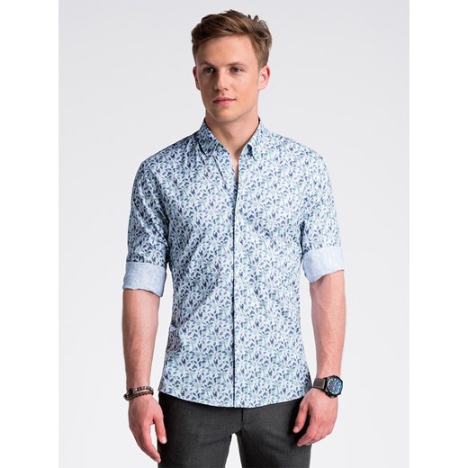 Koszula męska niebieska w abstrakcyjnym wzorze z długim rękawem młodzieżowa 