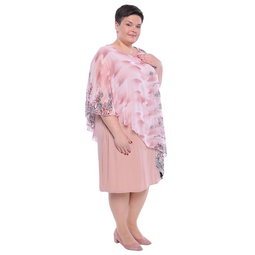 Sukienka różowa z elastanu midi z okrągłym dekoltem elegancka 