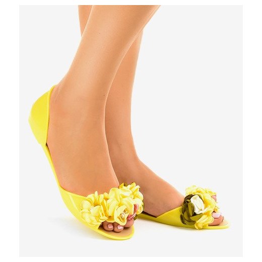 Sandały damskie żółte w kwiaty 