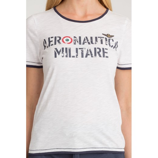 Bluzka damska Aeronautica Militare z aplikacjami  z bawełny w wojskowym stylu z krótkim rękawem z okrągłym dekoltem 
