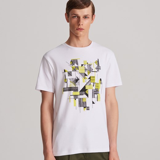 Reserved - T-shirt z geometrycznym nadrukiem - Biały  Reserved XL 