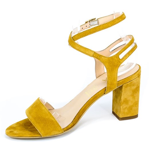 Sandały damskie Sala żółte skórzane na obcasie na średnim bez wzorów 
