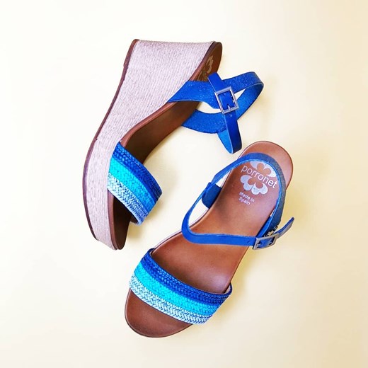 Sandały damskie Porronet niebieskie na platformie letnie z klamrą bez wzorów 