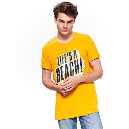 T-shirt męski Top Secret żółty w nadruki 