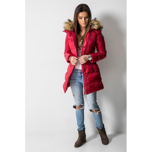 Czerwona kurtka damska Fashion Manufacturer długa bez wzorów 