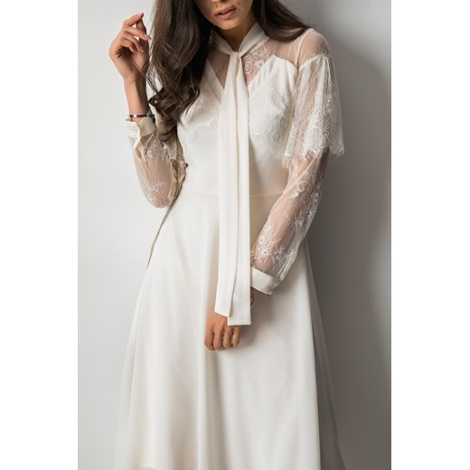Sukienka Fashion Manufacturer biała na spacer z długim rękawem z żabotem 