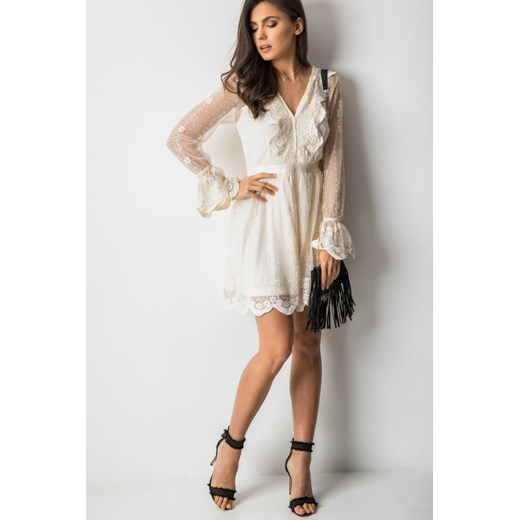 Sukienka Fashion Manufacturer biała wiosenna w serek z długim rękawem mini 
