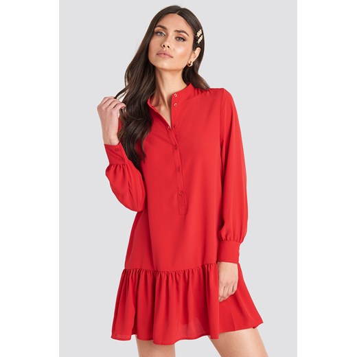 Sukienka NA-KD Trend mini czerwona na randkę casual z dekoltem v z długim rękawem 