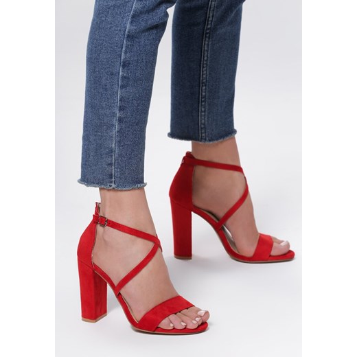 Renee sandały damskie czerwone eleganckie z klamrą letnie na obcasie 