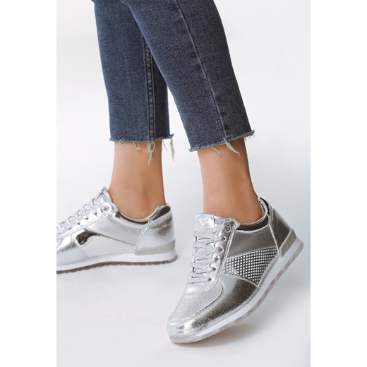 Born2be buty sportowe damskie srebrne wiosenne gładkie ze skóry ekologicznej 